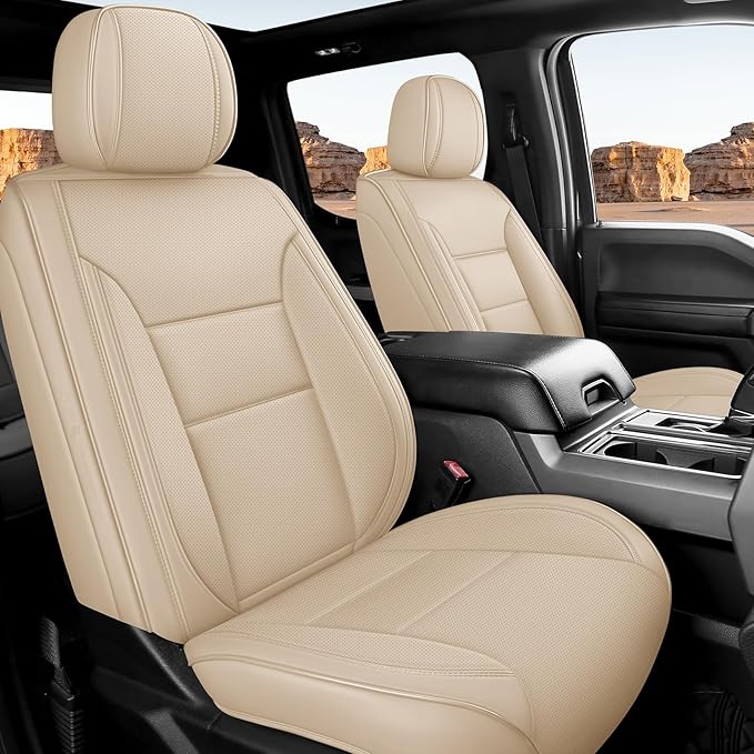 EQUIDEVDY Seat Covers for Chevy Silverado GMC Sierra,2007-2025 1500/2500/3500HD Crew,Double,Extended Cab Truck Breathable & Waterproof Faux Leather Seat Covers(Beige Full Set)