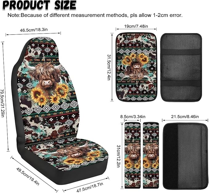 Oramclsy Aztec Tribe Car Seat Covers for Men Highland Cow PU Breathable Armrest Pad PU Breathable Seat Belt Covers 5 Pack Set Accessories Decor Easy to Install