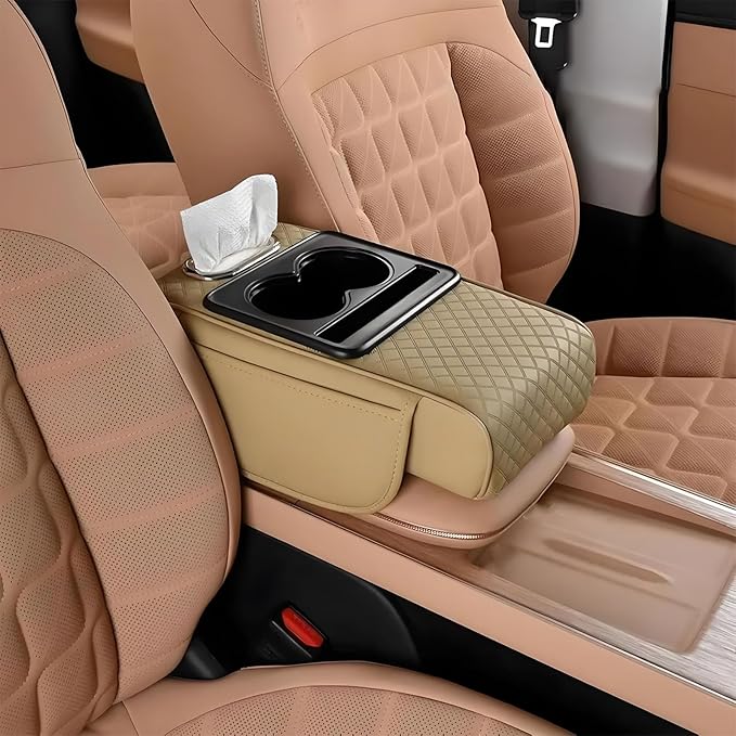 Multifunctional Pu Leather Car Armrest Box Mat With Cup Holders, Universal Armrest Box Pad, With Side Pockets, Easy To Clean Interior Organizer Waterproof For Cars, Trucks, Suvs (Embossed, Beige)