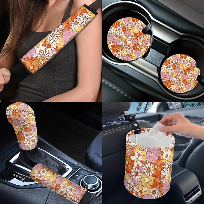 Dngkaoje Hippie Daisy Car Seat Cover Set 13 Pack Stylish Daisy Print Auto Front Rear Seat Protector Full Set Universal Car Accessories for Women with Seatbelt Pads,Steering Wheel Covers,Garbage Bin