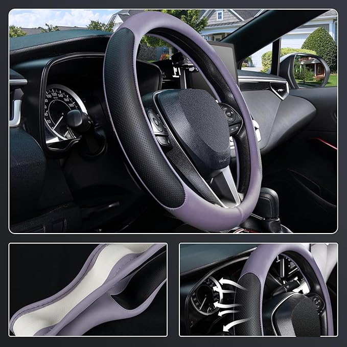 SEG Direct Steering Wheel Cover for 14.5-15 inch Wheels, Breathable PU Leather with Perforated Sides, Anti-Slip Grip, Universal Fit for Cars & SUVs, Black and Light Purple