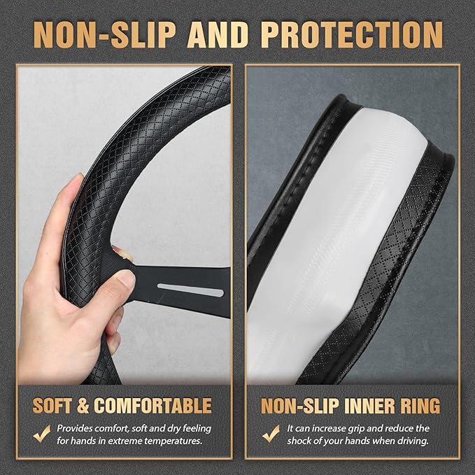 K KNODEL Universal Fit Steering Wheel Cover, Microfiber Leather Car Steering Wheel Cover, Anti-Slip Car Wheel Protector, 15 Inch (Black)