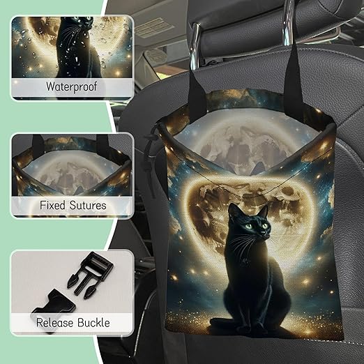 NHNXHWIA Black Cat Car Trash Bag,Full Moon Hanging Drawstring Car Garbage Bag,Waterproof Canvas Car Back Seat Organizer with Adjustable Buckle,for Vehicles,SUVs,Camping,Road Trips