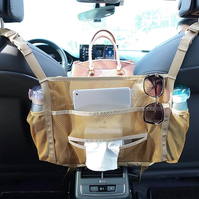 Car net Pocket Handbag Holder, car Purse Holder can be Used to Store Items, Protective Barrier for Children and Pets in The Back seat of car, Helps to Drive Safely (Khaki)