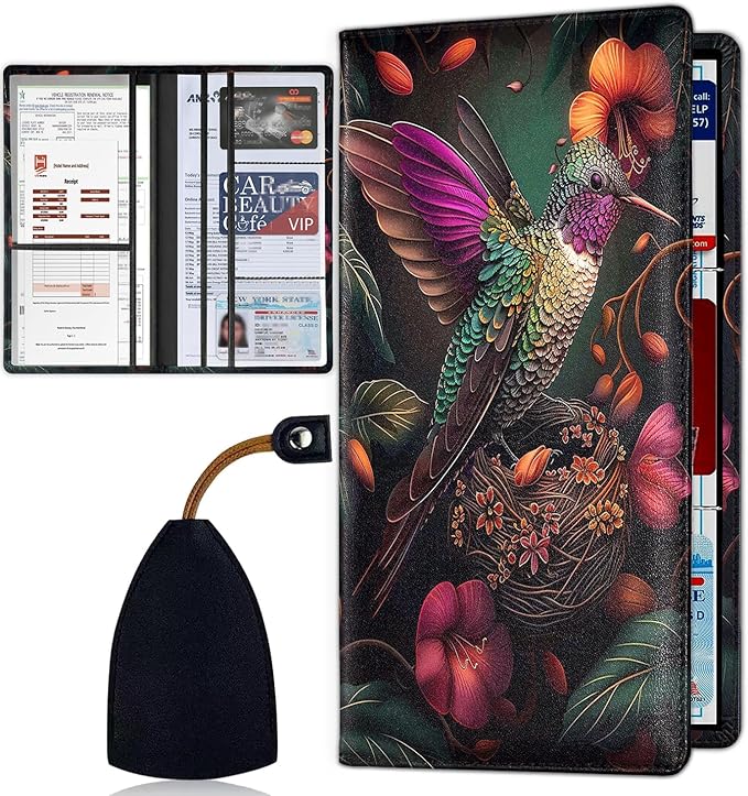 Car Registration and Insurance Card Holder for Women Men, Waterproof PU Leather Glove Box Car Organizer with Magnetic Shut, Vehicle Document Holder for Driver License,Cards, Hummingbird Color