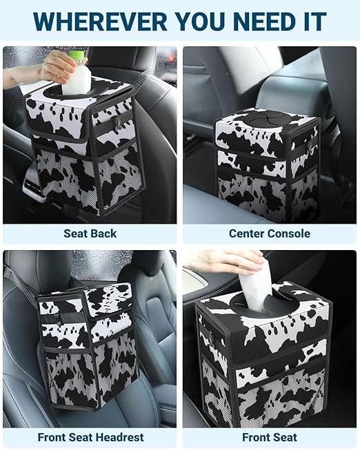 Capolo Car Trash Can with Lid, Leakproof Car Trash Bag Hanging Waterproof Automotive Garbage Can with Storage Pockets Mini Vehicle Trash Bin for Back/Front Seat(Cow Print,2.5 Gallon)