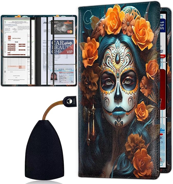 Car Document Holder with Magnetic Shut, Car Registration & Insurance Card Holder, Waterproof PU Leather Glove Box Organizer Vehicle Accessories Driver License for Women/Men, Rose Flower Girl