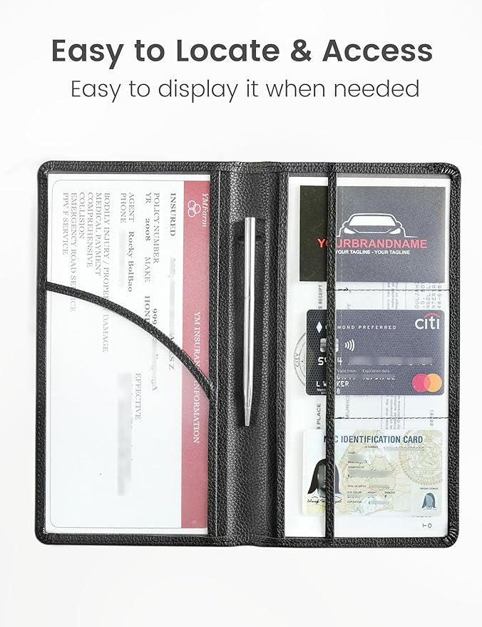 Yarnic Car Registration and Insurance Holder, Car Document Holder with Magnetic Closure, Registration and Insurance Card Holder Car Organizer Glove Box Compartment Organizer for Men Women (Black)