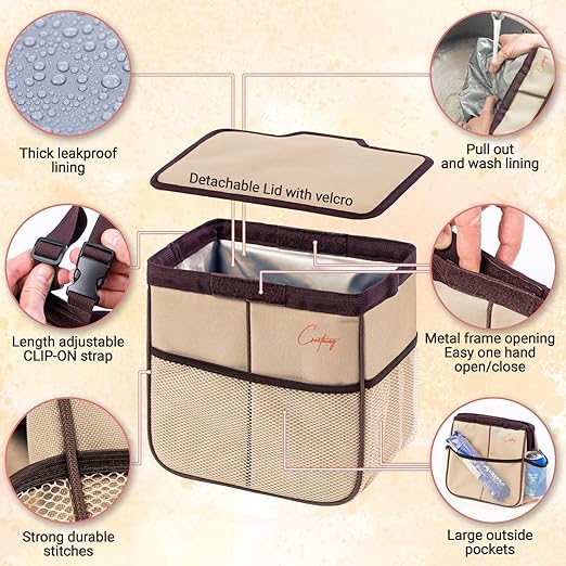 Creathing Leakproof Car Trash Can [2 Gal] Universal Garbage Bin for Cars, Trucks, SUVs | Securely Mounts on Floor, Console, or Seat (Beige)