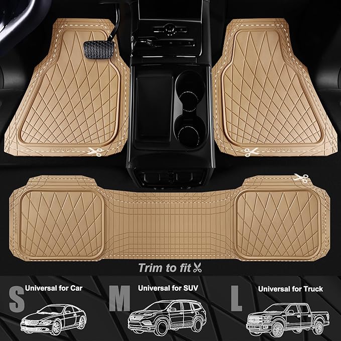 CAR PASS Heavy Duty Rubber Car Floor Mats, Deep Dish All Weather Car Mats Full Set, 3 Piece Waterproof Premium Anti-Slip Floor Mats Rugs Universal Trim to Fit for 95% Sedan SUV Van Truck, All Beige