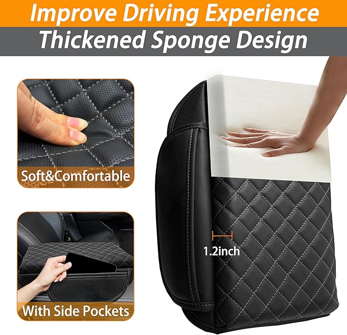 SENSHINE 1.2in Thickness Center Console Cover for Honda CRV Accessories 2023 2024 2025 2026 Middle Console Cover Leather Armrest Box Lid Protector Cushion Pad with Pockets Interior (Gray Stitch)