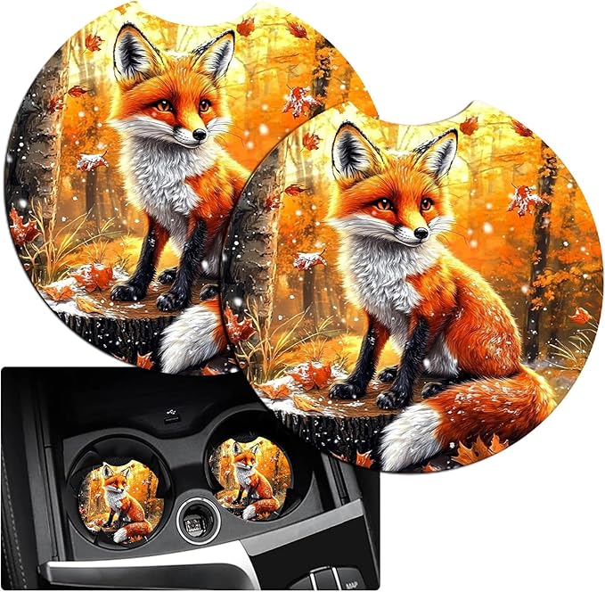 JANENFNA Car Armrest Cover Pads Universal Fashion Cute Auto Center Console Armrest Cover Pad with 2PCS Car Coasters Soft Waterproof Car Armrest Seat Protector for Women,Maple Leaf Fox