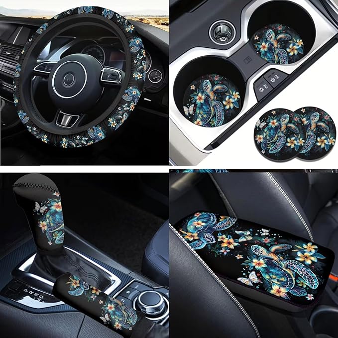 Steering Wheel Cover Men with Sea Turtle Car Accessories Handbrake Cover Cup Coaster Car Interiors Decor Fit for SUV Truck Vans
