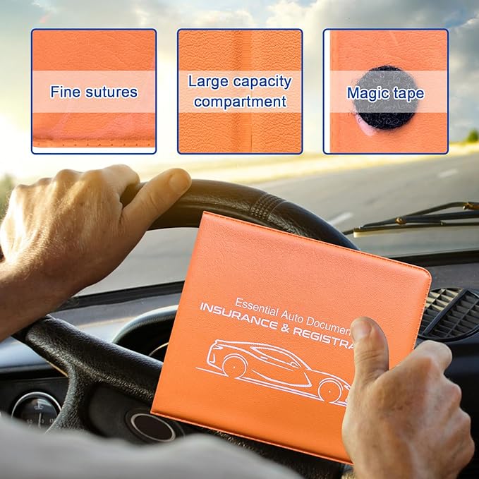 Ziciner Car Registration Insurance Holder, 2Pack Essential Auto Card Document Glove Box Organizer with Touch Fastener, Vehicle Interior Accessories Perfect for Most Car, Truck, SUV (Orange/Small Car)