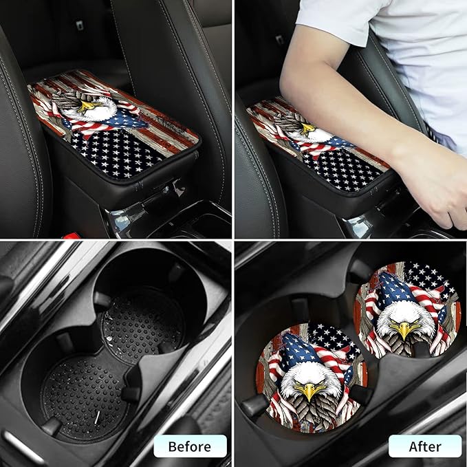 Car Armrest Cover Center Console Covers for Cars, Universal Waterproof Auto Arm Rest Covering Car Middle Console Armrest Seat Box Cover Protector +Car Coaster-Eagle on American Flag