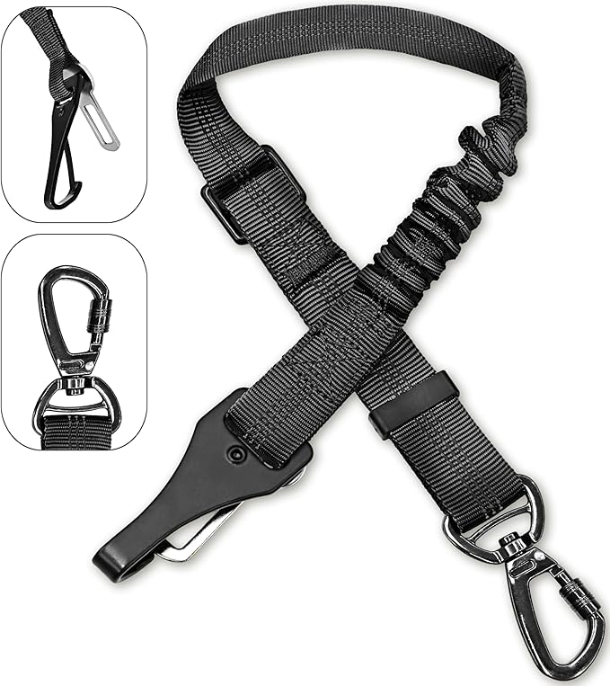 Dog Seat Belt for Car, Dog Car Harness Dog Seatbelt in Car, Safety Leash with Woven Elastic Nylon Buffer Adjustable Rotating Buckle and Dog Poop Bags (19.6-31.5in, Black,Two Pack)