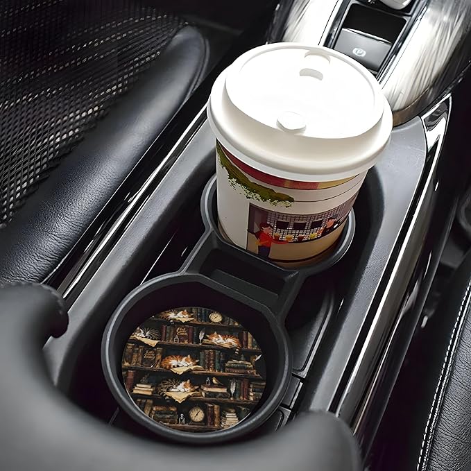 HUWAAI Cat Library Bookshelf Car Cup Holder Coasters 2 Pack Universal 2.63 Inch Anti Slip Ceramic Absorbent Coaster with Cork Base and Finger Notch Cute Car Accessories Interior for Women