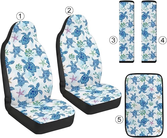 Oramclsy Turtle Car Front Seat Covers Protector Accessories with PU Breathable Armrest Pad and Seat Belt Cover 5 Pack Set Interior Decor All Season Protector