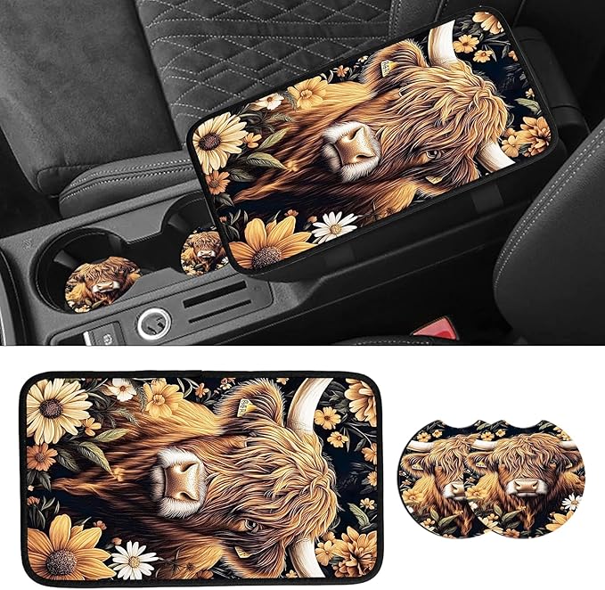 JANENFNA Car Armrest Cover Pads Universal Fashion Cute Auto Center Console Armrest Cover Pad with 2PCS Car Coasters Soft Waterproof Car Armrest Seat Protector for Women,Highland Cow with Flowera