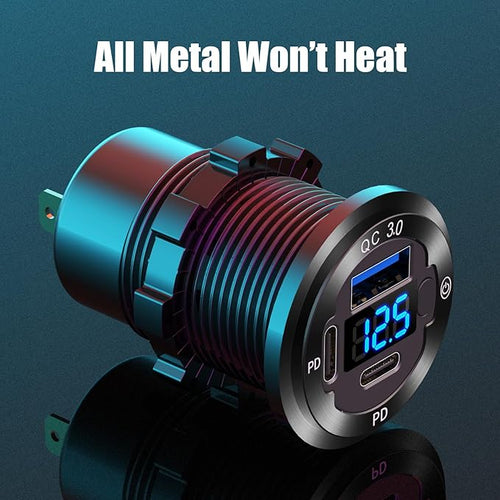 12V USB Outlet 3 Port Car Charger Socket, 78W Dual PD USB C 30W and Quick Charge3.0 Port Aluminum Charger Waterproof with Voltmeter and Button Switch for Boat Marine Motorcycle RV Truck Golf Cart, etc
