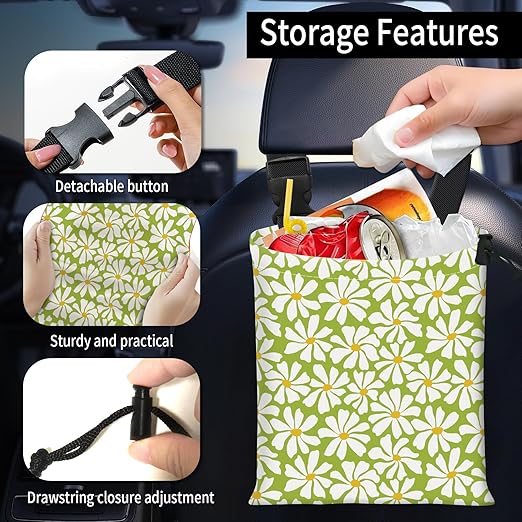 AFYEWKC Car Trash Bag Large Hanging Can for Back of Seat, Cute Waterproof Car Garbage Bag for Vehicle, Travelling, Outdoor Cute Green White Flower