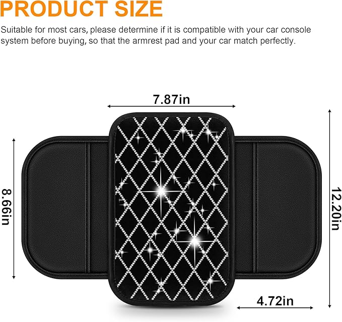 Bling Armrest Cover for Car Compatible with Jeep Compass - Center Console Cover with 2 Storage Pockets and Crystal Diamond(Black)