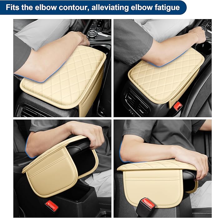 Car Center Console Cover Fit for Volkswagen Atlas Leather Armrest Cover with 2 Storage Bags Waterproof Console Cover Scratch & Wear Resistant(Beige)