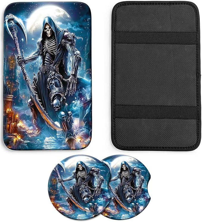 JANENFNA Car Armrest Cover Pads Universal Fashion Cute Auto Center Console Armrest Cover Pad with 2PCS Car Coasters Soft Waterproof Car Armrest Seat Protector for Women,Black Grim Reaper