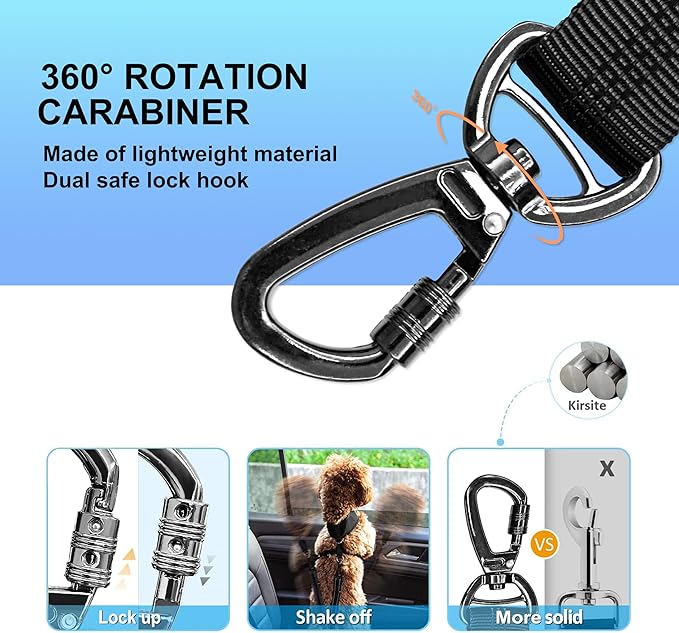 Dog Seat Belt for Car, Dog Car Harness Dog Seatbelt in Car, Safety Leash with Woven Elastic Nylon Buffer Adjustable Rotating Buckle and Dog Poop Bags (19.6-31.5in, Black,Two Pack)