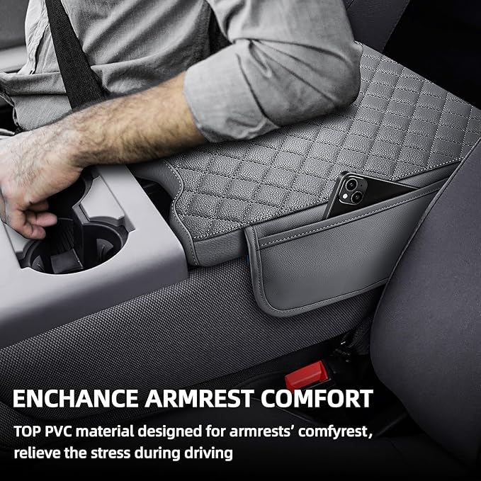 Center Console Cover Fit for Ford F150 2015-2025,2017-2025 F250 F350 F450 with 40/20/40 Jump Seat Armrest Accessories, Leather Armrest Cover Cushion with 2 Side Pockets Gray (Only Jump Seat)