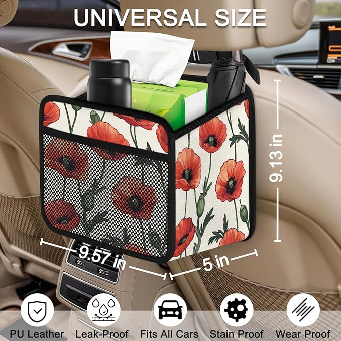 Flowers Poppies Car Backseat Organizer PU Leather Red Floral Truck Back Seat Trash Bag Universal Hanging Storage Box Travel Accessories Foldable