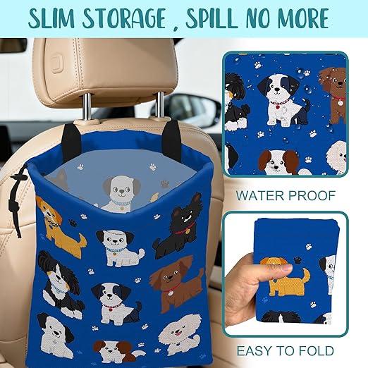 KXWQTRDD Car Garbage Bag Cartoon Dogs and Paw Prints Drawstring Car Trash Bag Hanging for Back Seat with Adjustable Buckle Canvas Vehicle Trash Can Easy-to-Install