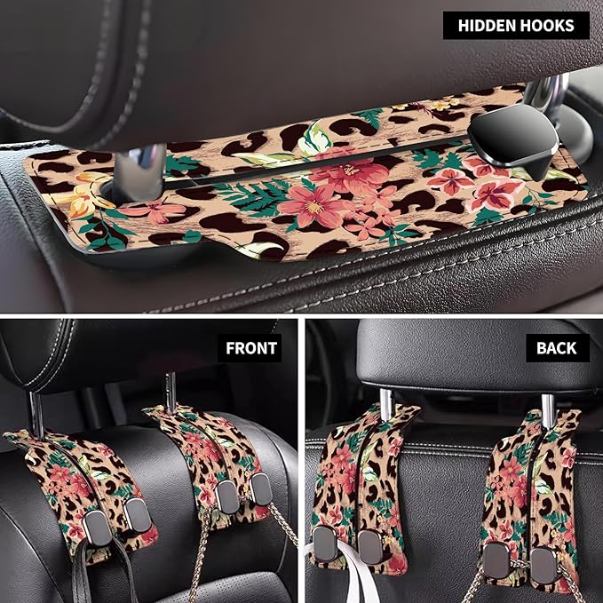 AXBSAKDI Car Seat Back Storage Headrest Hook, Premium Leather Double Metal Hook, Hanger Storage Organizer for Purse Cloth Bag, Car Interior Accessories Cute Flower Leopard