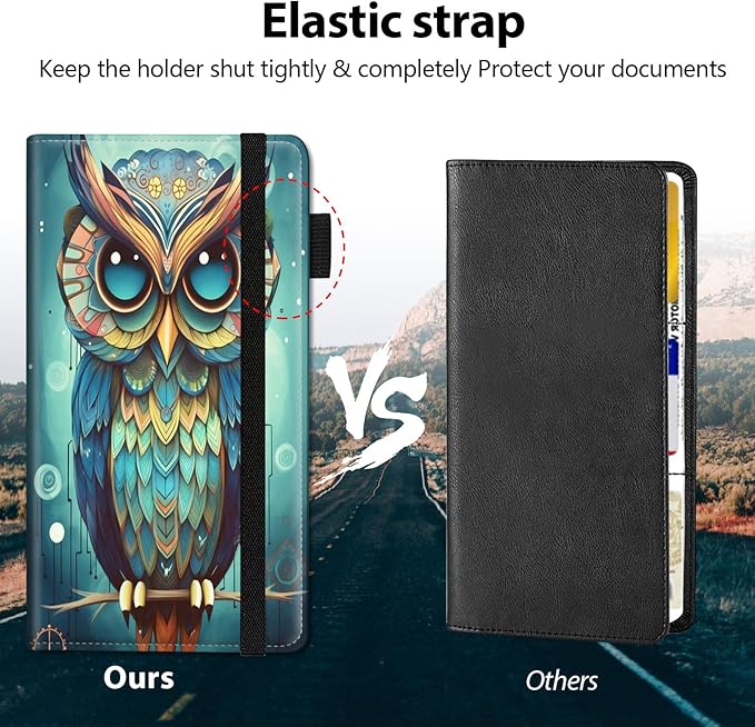 Mxfdegf Car Registration & Insurance Holder, Leather Glove Box Organizer, Cool Accessories for ID, Driver's License Cards & Essential Documents, Business Cards, Men & Women, Fantasy Owl