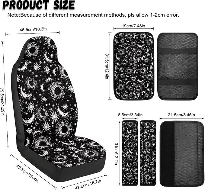 Qeluxign PU Leather Car Seat Covers Set - Sun Moon Star-Includes 2 Seat Protectors, 2 Shoulder Pad Covers, 1 Armrest Cover for Car Decoration