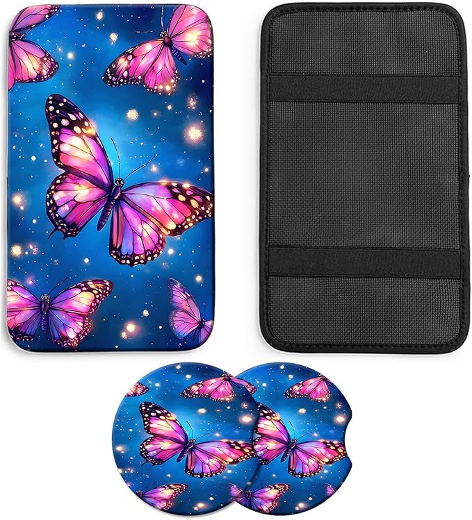 JANENFNA Car Armrest Cover Pads Universal Fashion Cute Auto Center Console Armrest Cover Pad with 2PCS Car Coasters Soft Waterproof Car Armrest Seat Protector for Women,Glowing Butterflies