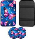JANENFNA Car Armrest Cover Pads Universal Fashion Cute Auto Center Console Armrest Cover Pad with 2PCS Car Coasters Soft Waterproof Car Armrest Seat Protector for Women,Glowing Butterflies