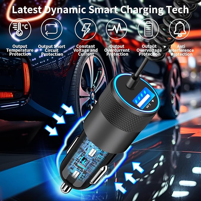 [Apple MFi Certified] iPhone Car Charger Fast Charging, Rombica 4.8A USB Car Power Cigarette Lighter Car Carplay Charger with 6FT Coiled Lightning Cable for iPhone 14 13 12 11 Pro Max XS XR X SE iPad