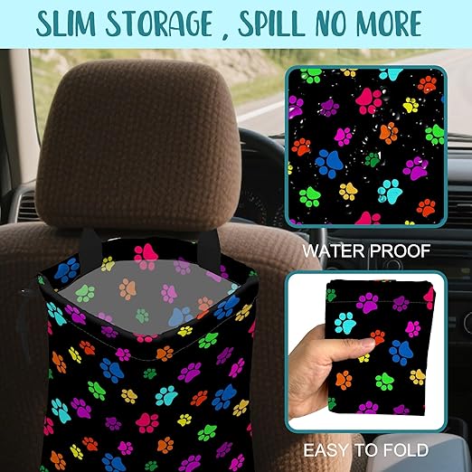 KXWQTRDD Car Garbage Bag Colorful Paw Prints Hanging Canvas Car Trash Bag Waterproof Drawstring Car Back Seat Organizer for Car Back Front Seat Console with Adjustable Buckle