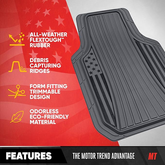 MotorTrend Black Flag Rubber Floor Mats – All Weather Car Mats with American Flag Stars & Stripes Design, Heavy-Duty Automotive Floor Mats for Cars, SUVs & Trucks Grey/Black