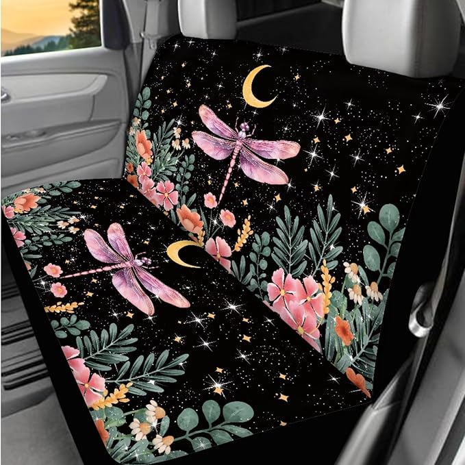 Dngkaoje 13 Pack Flower Dragonfly Car Seat Covers Full Set,Universal Front and Rear Split Bench Seat Covers for Cars Cute Dragonfly Print Hanging Trash Bag,Seatbelt Shoulder Pads,Armrest Cushion Pad