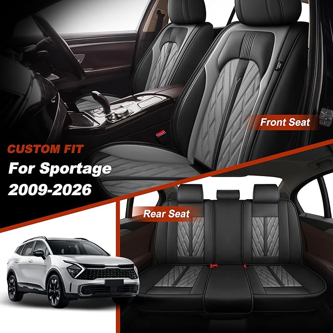 TTX LIGHTING Seat Covers Fit for Kia Sportage 2009-2026 Seat Covers Full Set Car Seat Covers Faux Leather Breathable Waterproof Car Seat Protector (5 Seats, Black&Grey)