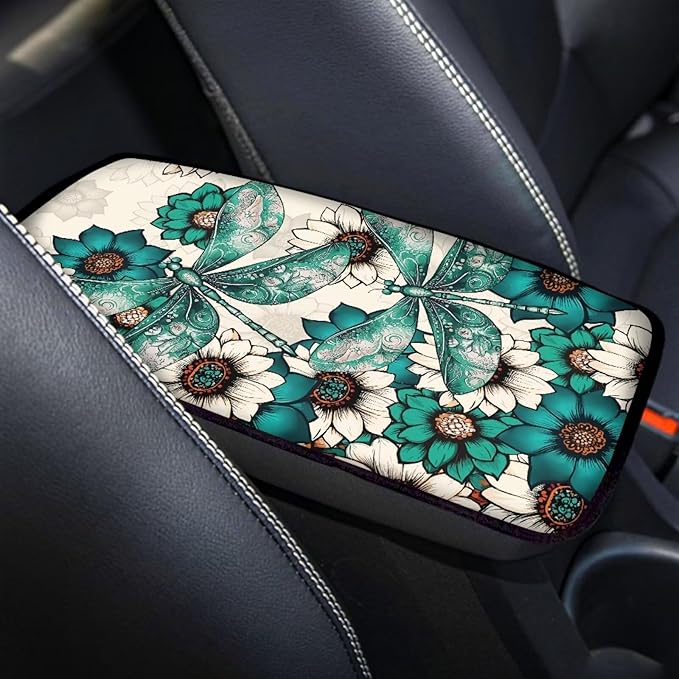 Dahlia Dragonfly Center Console Cover for Cars Vintage Car Armrest Cover Auto Armrest Box Cover Floral Dragonfly Cars Interior Accessories for Vehicle Trucks SUV