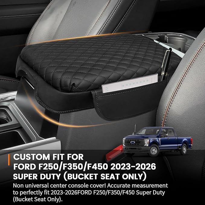 Custom for Center Console Cover 2023 2024 2025 2026 Ford F250 F350 F450 F550(Bucket Seat Only) Armrest Cover Accessories PU Leather Armrest Seat Box Cover Protector with Pockets Storage Bag