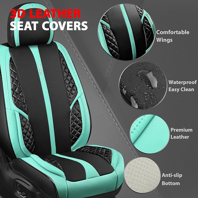 CAR PASS Nappa Leather Car Seat Covers Front Seats Only, Luxury PU Leatherette Seat Covers 2 Pack, Waterproof Durable Car Seats Cushion Protector, Universal Fit for Sedan SUV Truck Van(Black Mint)
