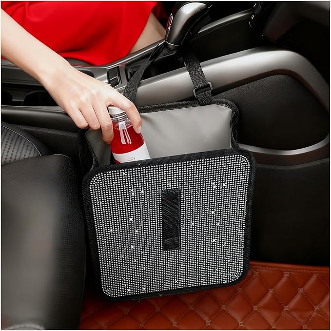 Foldable Rhinestone Car Trash Cans,Hanging Car Trash Bin as Stylish Decorations & Seat Organizer,Large Capacity Cars Garbage Can as Bling Cars Accessories for Women