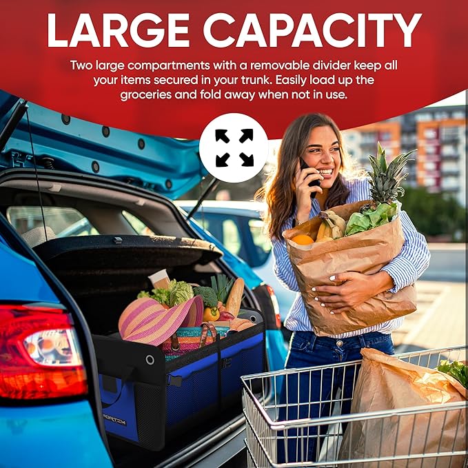 FORTEM Trunk Organizer For SUV Car Organizer and Storage, Multi-Compartment Storage Bag Car Accessories for Women Men, Perfect Christmas Gifts, 1680D Oxford, Non Slip Bottom, Straps, Soft Cover (50L)