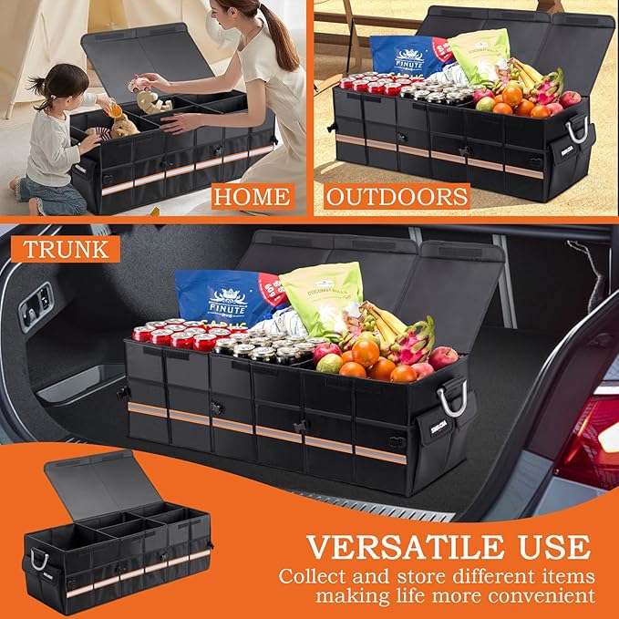 Heavy-Duty Extra Large 100L Premium Foldable Car Trunk Organizer with Lid + 26L Cooler Bag, Waterproof Robust Durable 1680D Oxford & Multi-Compartment Collapsible for SUV, Truck, Van, Sedan (Black)