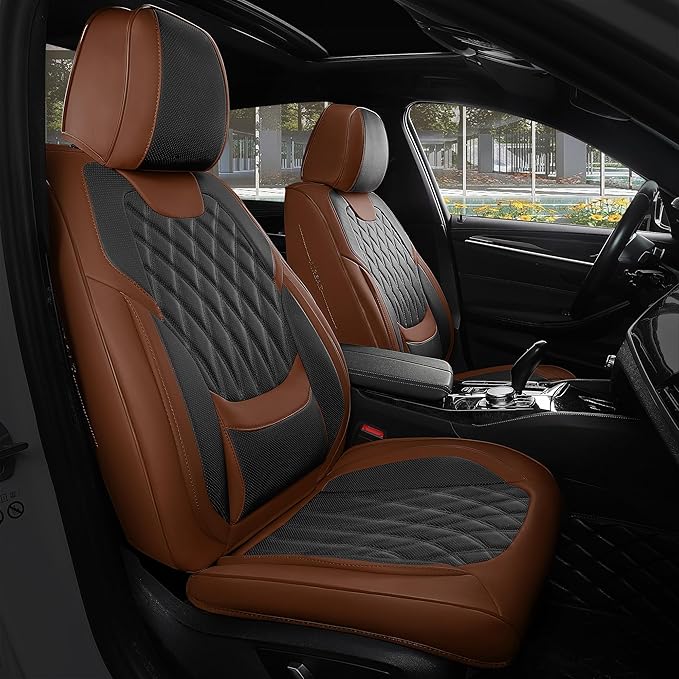 FREESOO Black Brown Car Seat Covers Full Set - Faux Nappa Leather Seat Covers for Cars, Breathable Waterproof Front Seats Protector with Lumbar Support, Universal Fit for Automotive Sedan SUVs Pickups