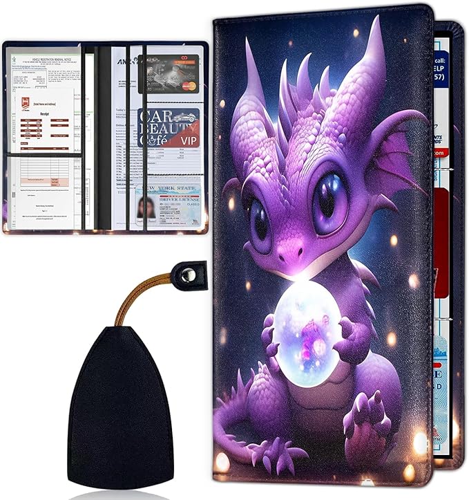 Car Document Holder with Magnetic Shut, Car Registration & Insurance Card Holder, Waterproof PU Leather Glove Box Organizer Vehicle Accessories Driver License for Women/Men, Baby Dragon Pattern